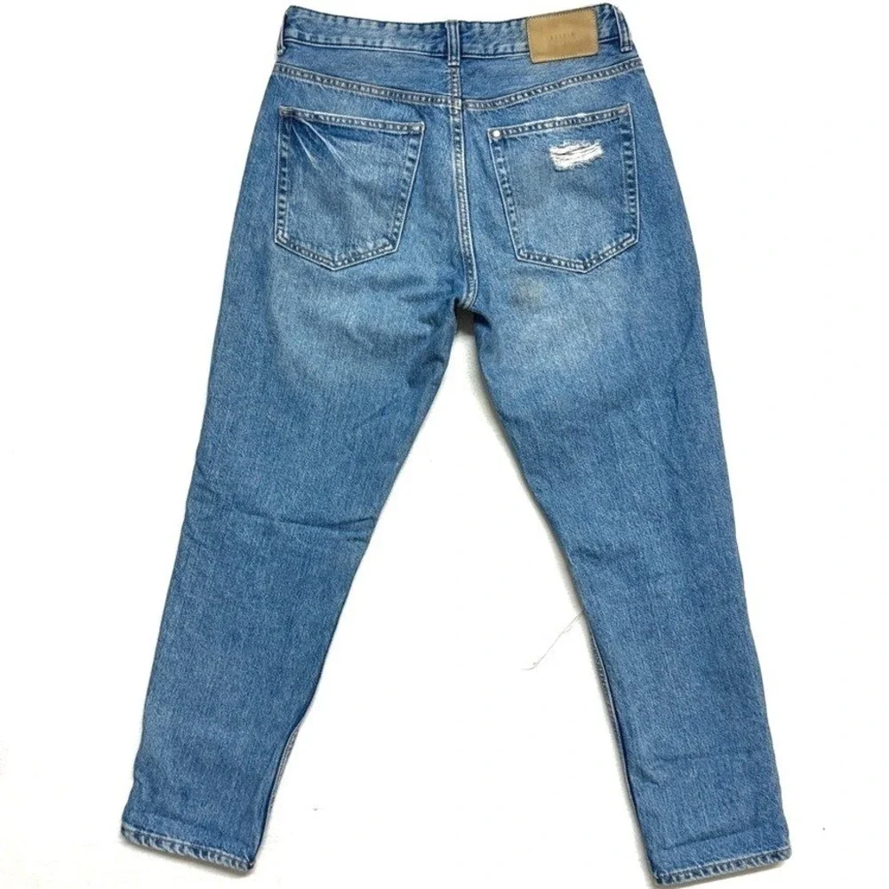 H&M &Denim Boyfriend Jeans‎ Blue Distressed Low Waist Button Fly Size 27